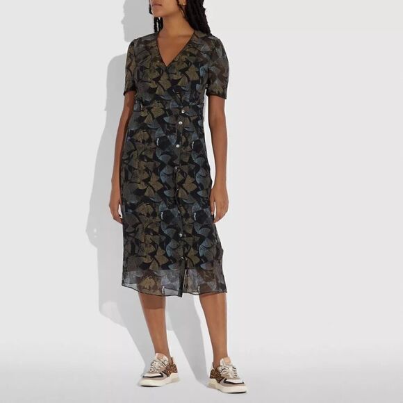 Coach Dresses & Skirts - Coach Printed Long Chiffon V Neck Dress - 100% Silk - size 6